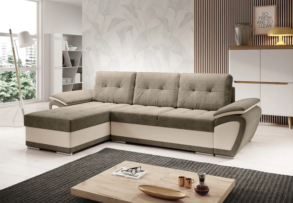 Kinyitható ülőgarnitúra, bézs/világosbarna, balos, ENIF ROH