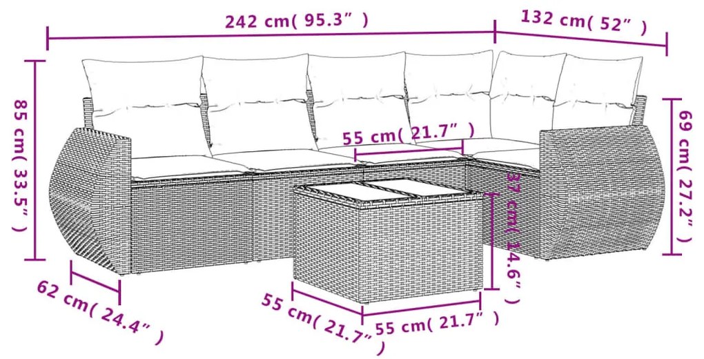 6 részes fekete polyrattan kerti ülőgarnitúra párnákkal