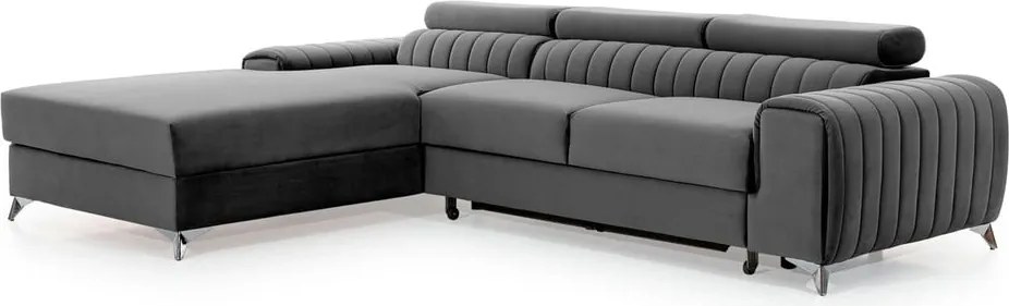 Sötétszürke bársony kinyitható-tárolóhelyes sarokkanapé (bal oldali-heverő résszel) Grayson – ELTAP