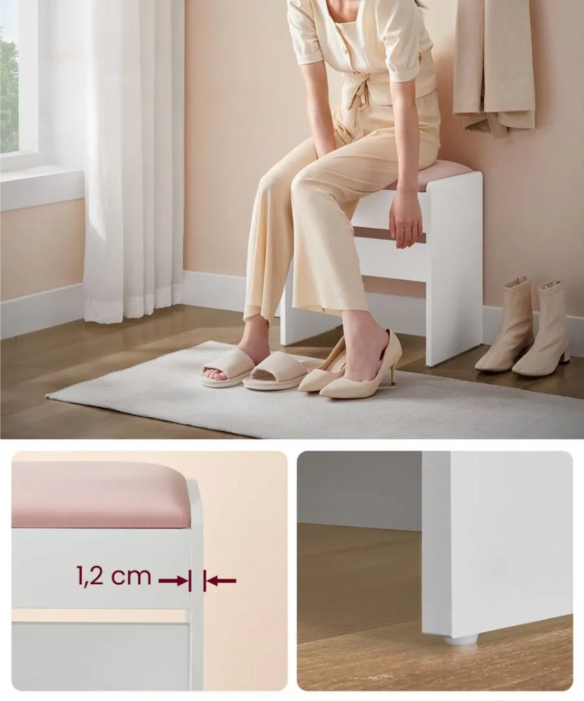VELVET kárpitozott taburet/szék sminkasztalhoz, 45×45×28,6 cm, fehér/rózsaszín Vasagle
