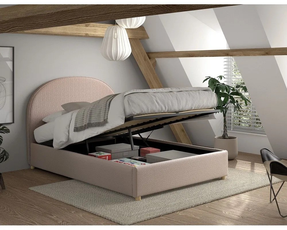 Rózsaszín kárpitozott ágyneműtartós franciaágy ágyráccsal 140x200 cm Moon – Vipack