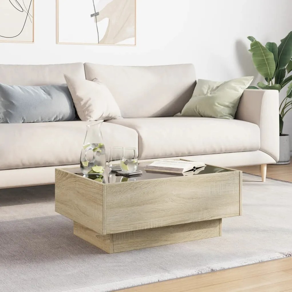 Sonoma tölgy szerelt fa dohányzóasztal LED-del 70 x 50 x 30 cm