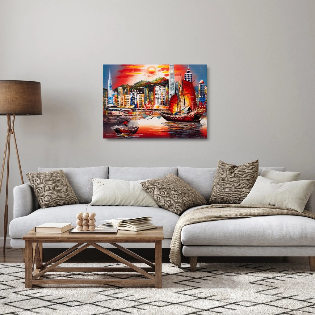 Kép - Victoria Harbour, Hong Kong, olajfestmény (üvegen) (70x50 cm)