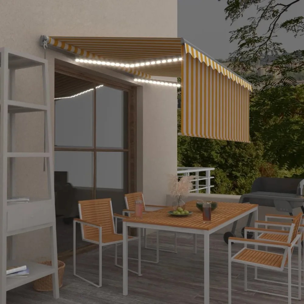 sárga-fehér kézzel kihúzható LED-es napellenző redőnnyel 3x2,5m