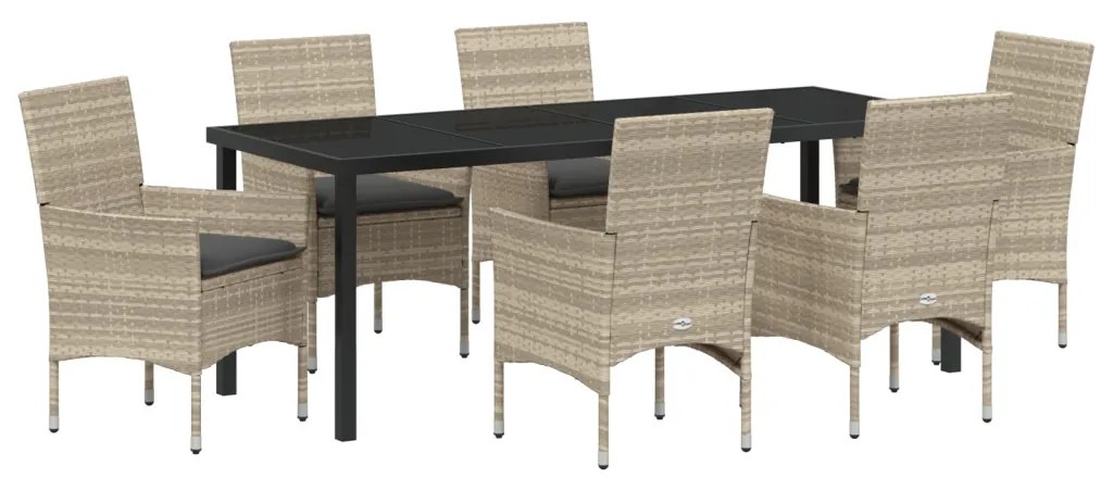 7 darabos kerti étkező szett párnákkal, világosszürke polirattan, kerti asztal fekete 200x80x73 cm edzett üveggel