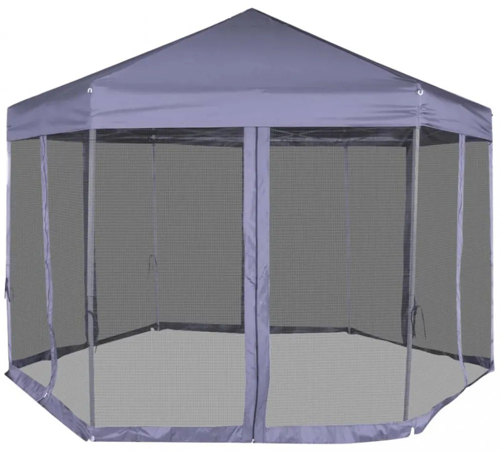 sötétkék hatszögletű felugró pavilon 6 oldalfallal 3,6 x 3,1 m