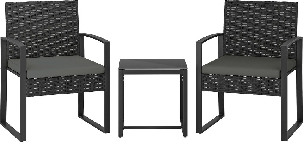 Outsunny 3 részes rattan bistro szett – 2 kerti fotel és dohányzóasztal, levehető párnákkal, sötétszürke | Aosom