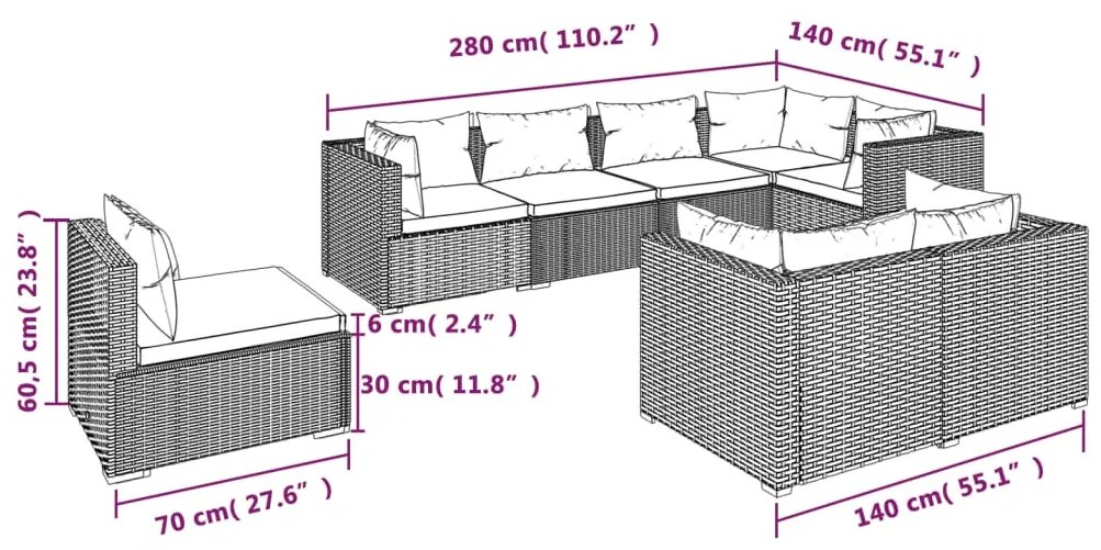 8 részes barna polyrattan kerti ülőgarnitúra párnákkal