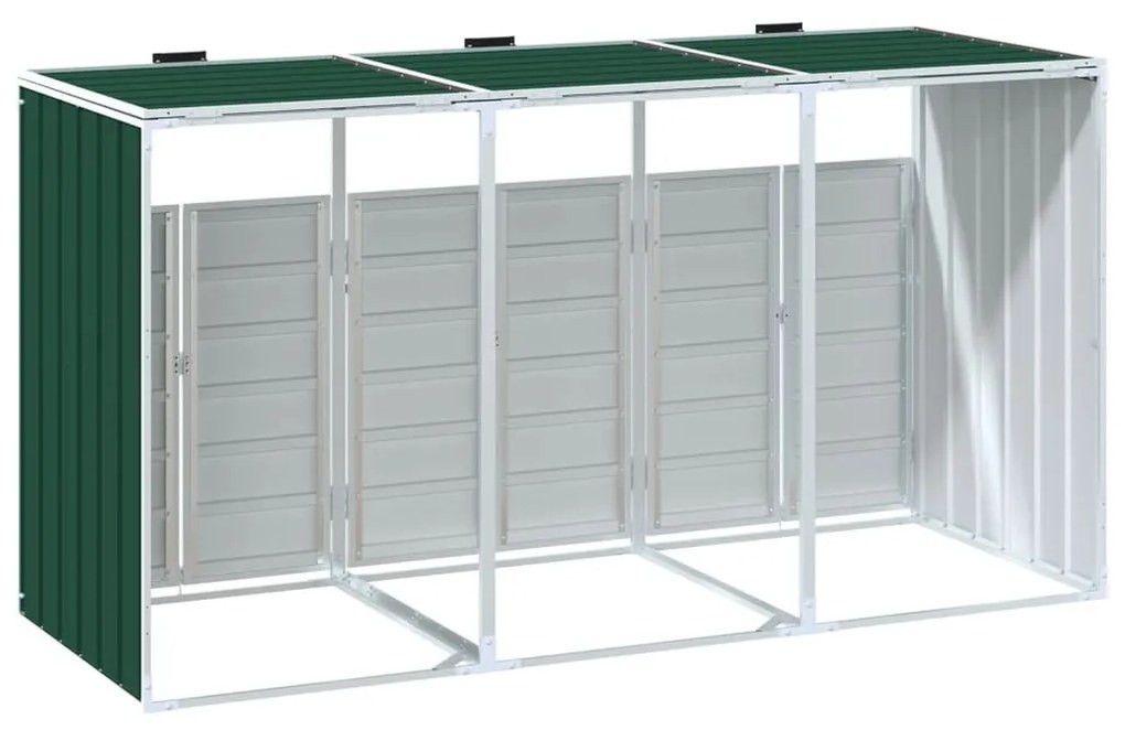 zöld acél kerekes szemetes tároló 3 szemeteskukához 216 x 81 x 115 cm
