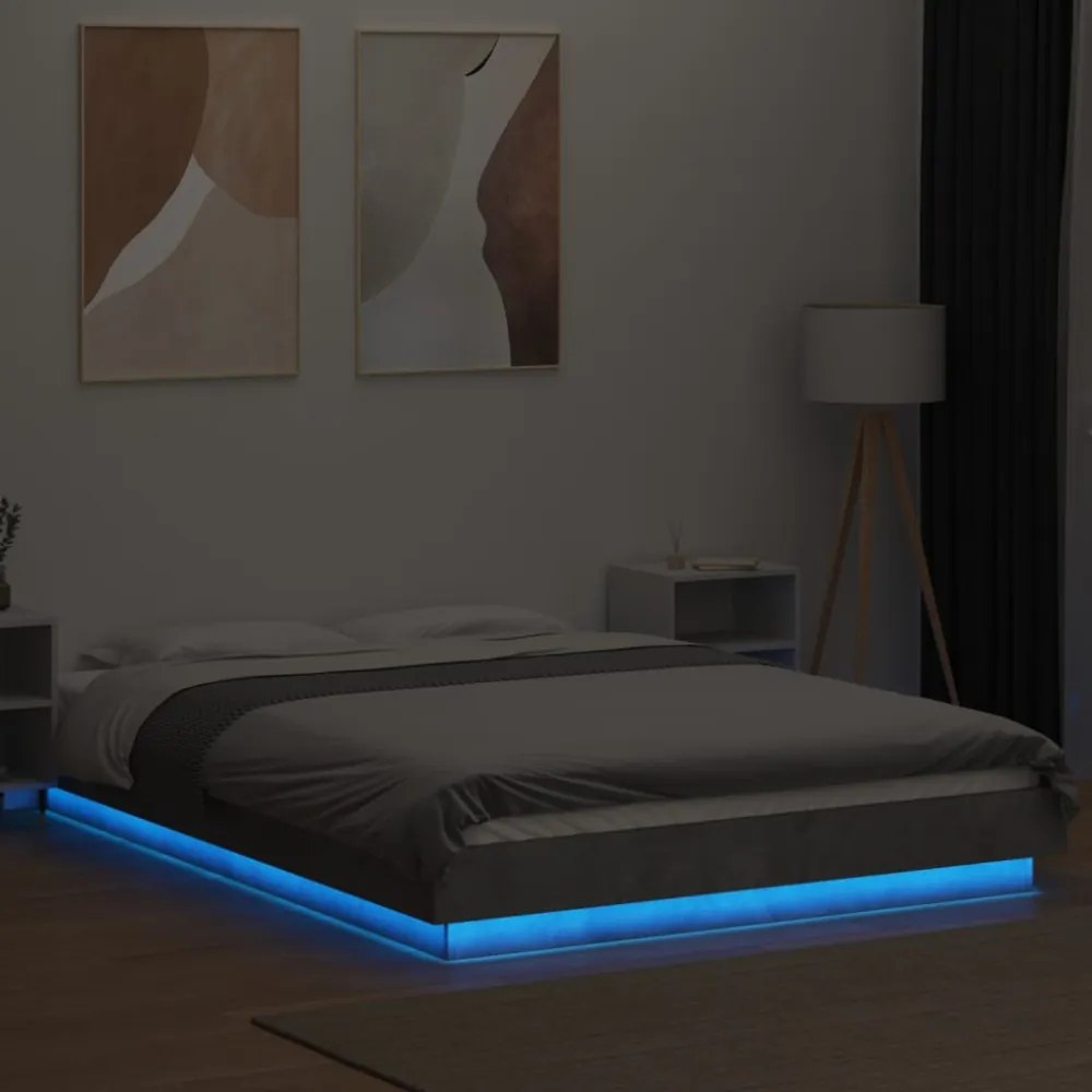 betonszürke szerelt fa ágykeret LED-del 140 x 190 cm