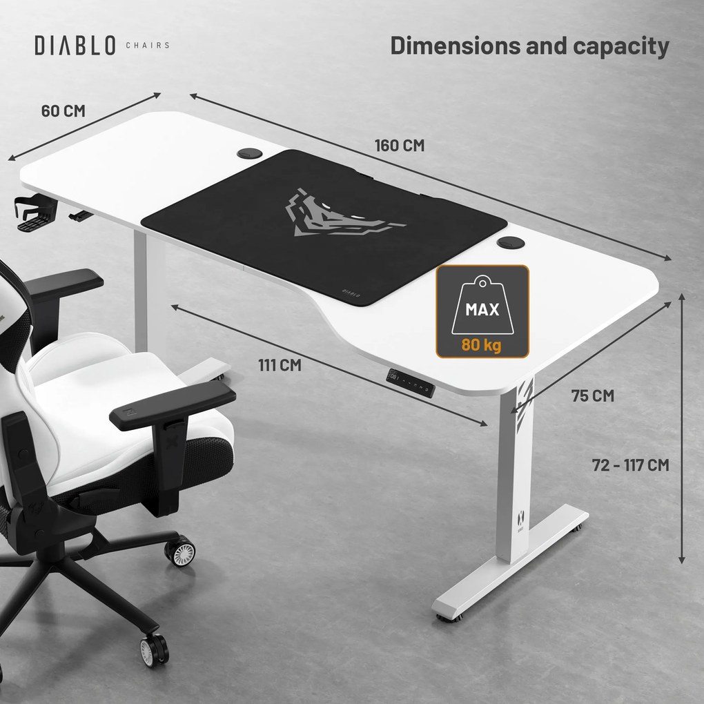Magasságban állítható íróasztal 160 cm fehér: Diablo X-Tensio 1600