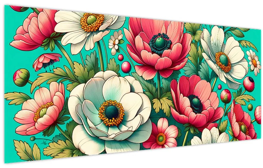 Kép - Virágok kék háttéren (120x50 cm)