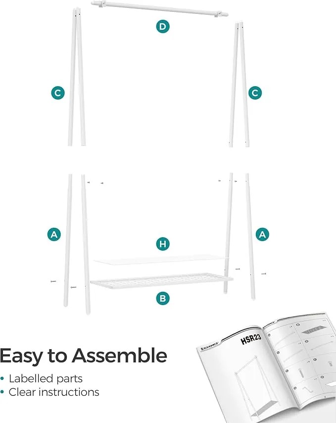Ruhatartó állvány akasztórúddal és polccal, 33,5 × 92,5 × 153 cm, fehér színben