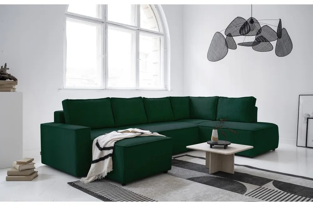 Sötétzöld kordbársony kinyitható sarokkanapé (jobb oldali-U alakú) Brave Dave – Miuform