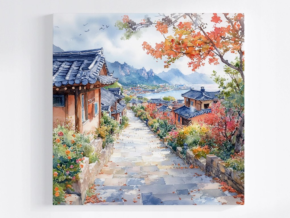 Vászonkép Canvas Hanok Hagyományos Korea Hegyek Ősz Öböl 40x40