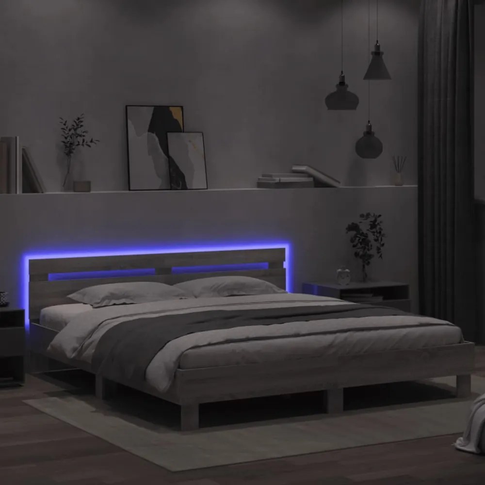 szürke sonoma színű ágykeret fejtámlával és LED-del 200x200 cm