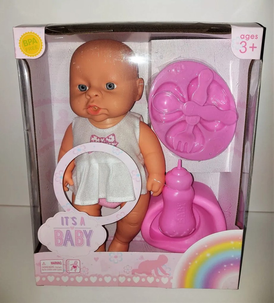 Gügyögő Nevető Síró Pisilő Élethű Játék Baba Étkészlettel, és Bilivel 28 Cm