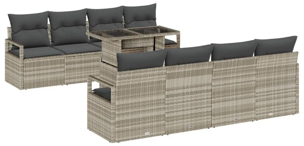 9 Darabos Kert Kanapé Készlet Párnákkal Világosszürke Poli Rattan, 2-Fős Kert Kanapé Párnákkal Szürke Poli Rattan