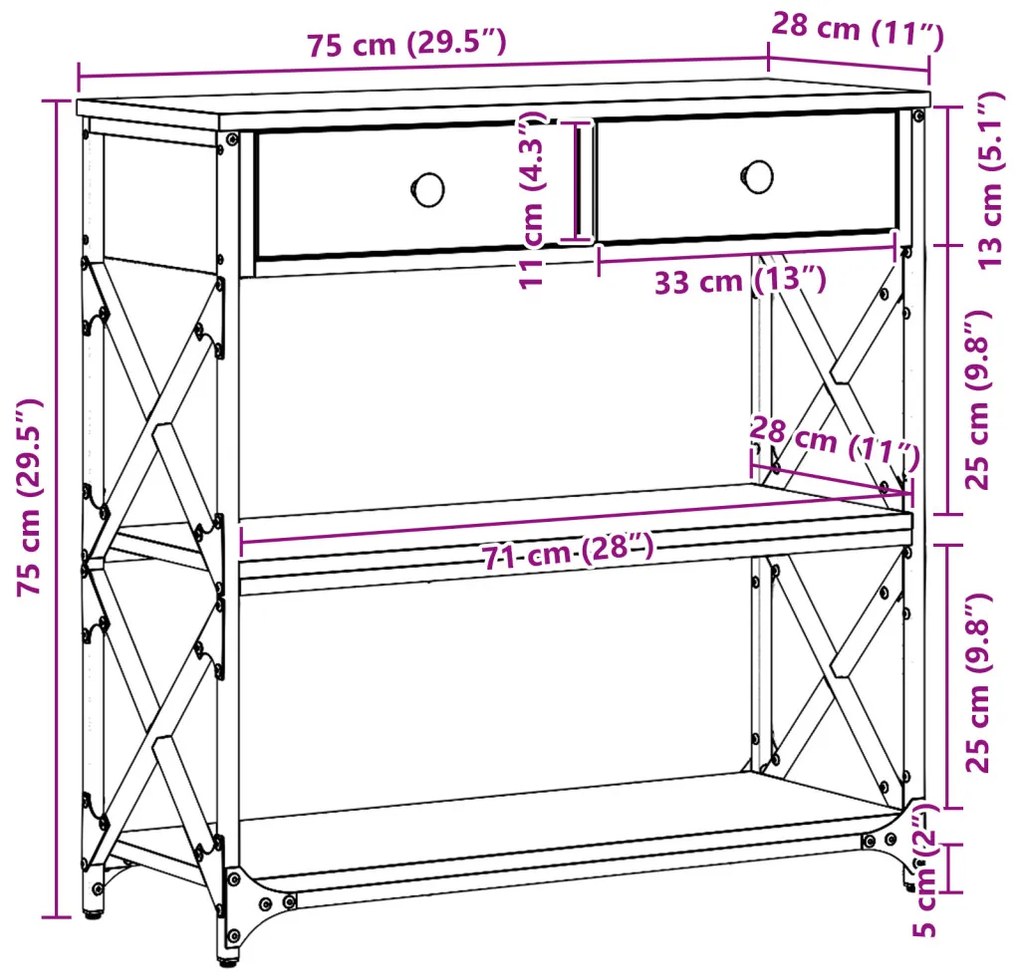 Konsole Asztal Kézműves Tölgy 75x28x75 cm Mérnöki Fa és Acél