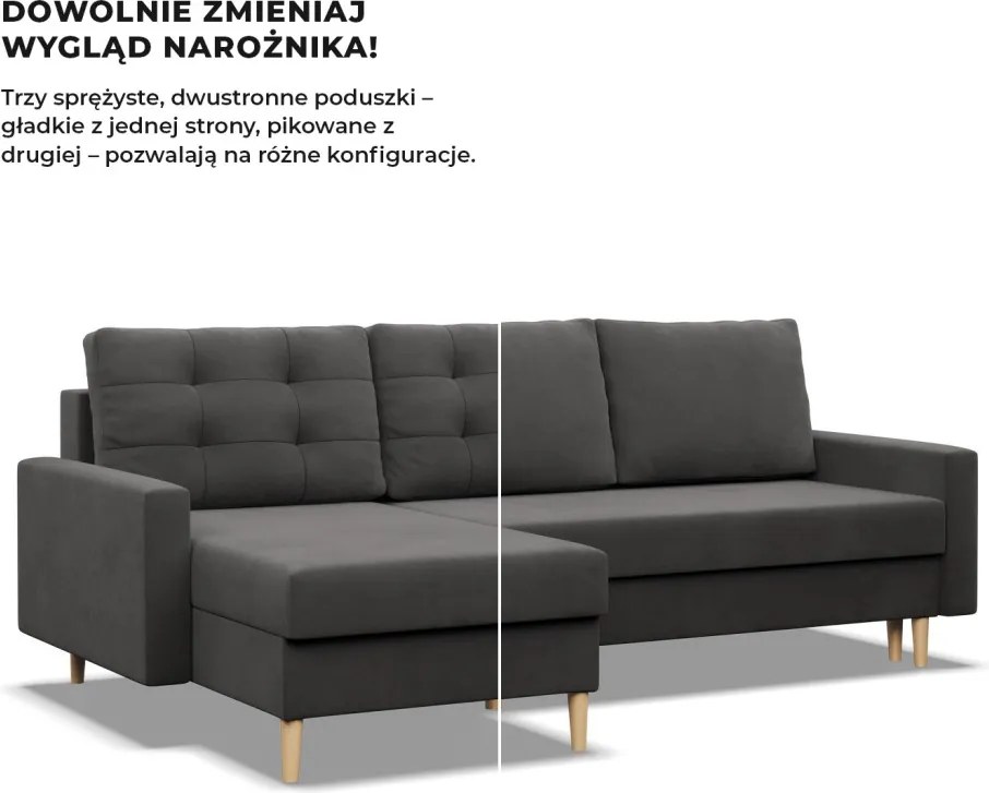 Etna sarokkanapé, 1 ágyneműtartóval, szövet anyag, univerzális oldal, hab töltet, szürke