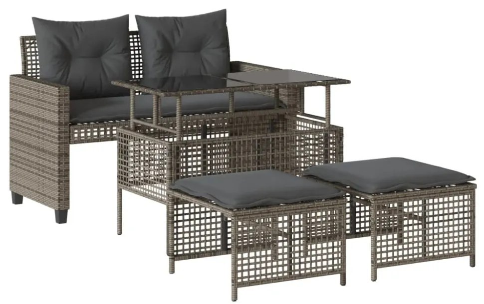 4 részes szürke polyrattan üveg kerti ülőgarnitúra párnákkal