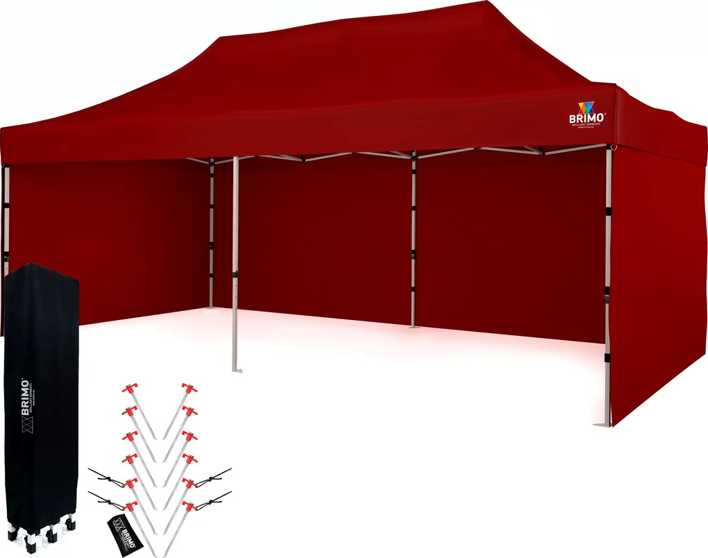 Párty sátor 3x6m Keresztvázas (3 fal) - Acél szerkezet és ponyva 330g/m² - plusz 3 oldalfal - Piros