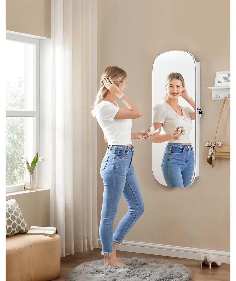 SONGMICS LED-es tükör ékszertárolóval 10×42×108 cm, fehér