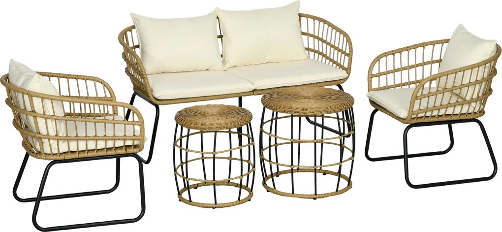 Outsunny 5 részes Rattan Kültéri Bútor Készlet, Ülőgarnitúra Párnákkal, Kert Készlet 2 Kávézóasztallal, 2 Karosszékkel és 1 Kanapéval, Ülőgarnitúra Ke