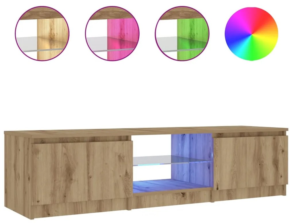 kézműves tölgy szerelt fa TV-szekrény LED-ekkel 140x40x35,5 cm