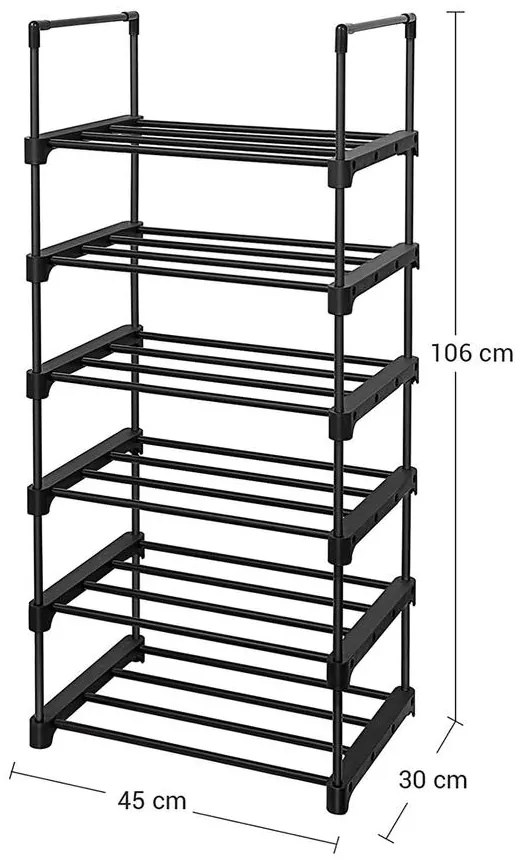 6 szintes cipőtartó, cipőtároló polc 106x45x30 cm, fekete