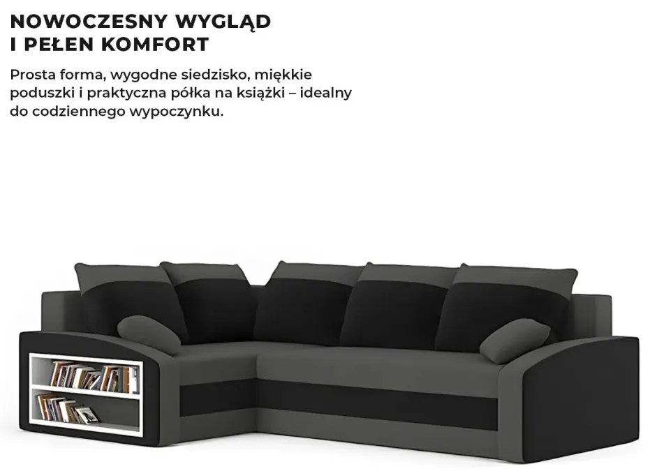 Grande sarokkanapé polcokkal , polc a bal karfaban, baloldali, szövet anyag, bonell töltet, szürke - fekete