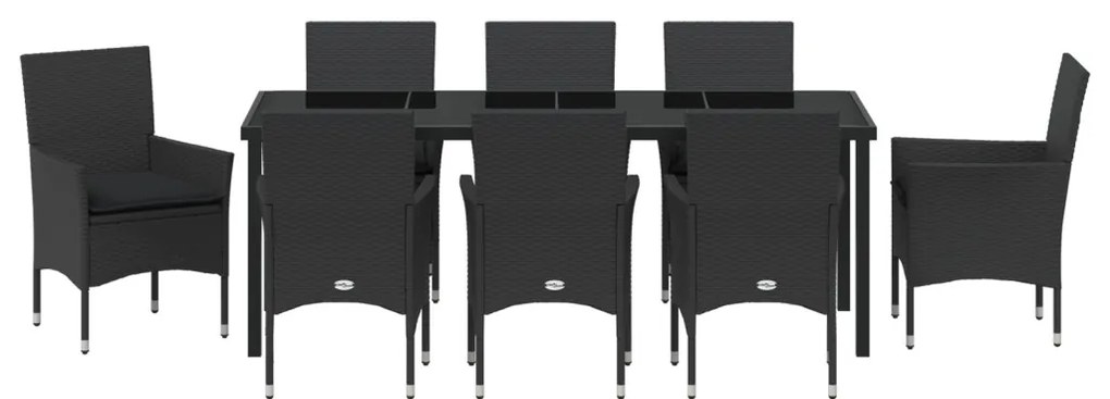 9 Darabos Kerti Étkezősor Párnákkal Fekete Poli Rattan, Kerti Asztal Fekete 200x80x73 cm Edzett Üveg