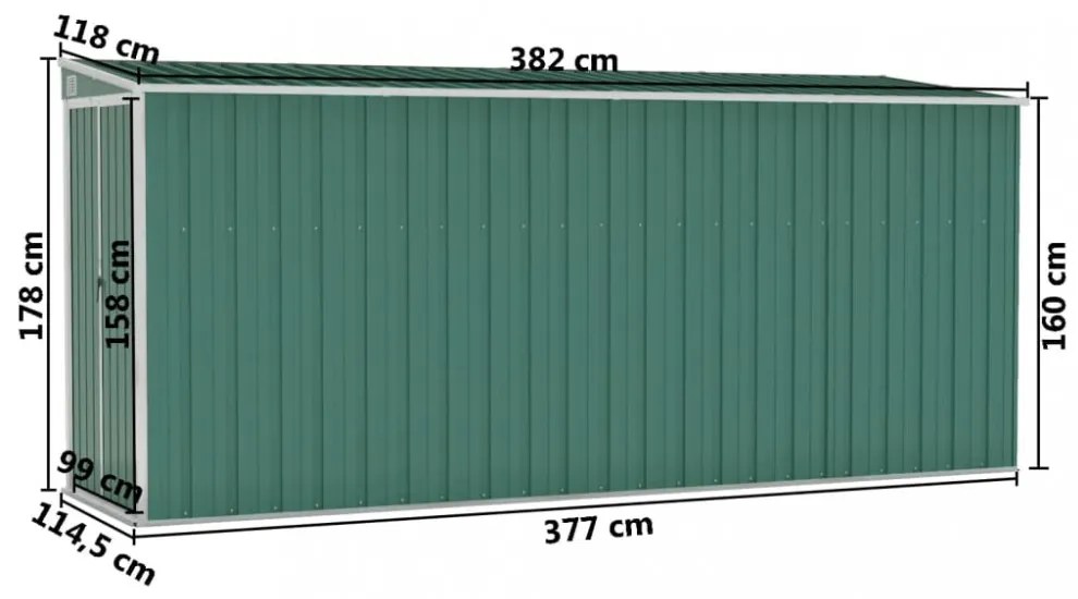 zöld acél falhoz erősíthető kerti fészer 118 x 382 x 178 cm
