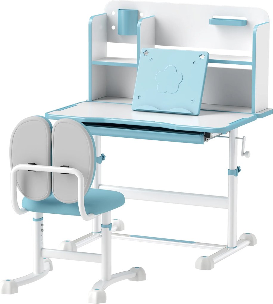 AIYAPLAY Gyerek Íróasztal és Szék Szett 3-12 Éveseknek Magasságban Állítható, Iskolai Íróasztal 45°-ban Dönthető Felsőrésszel, Fiókkal, Polccal, Ceruz