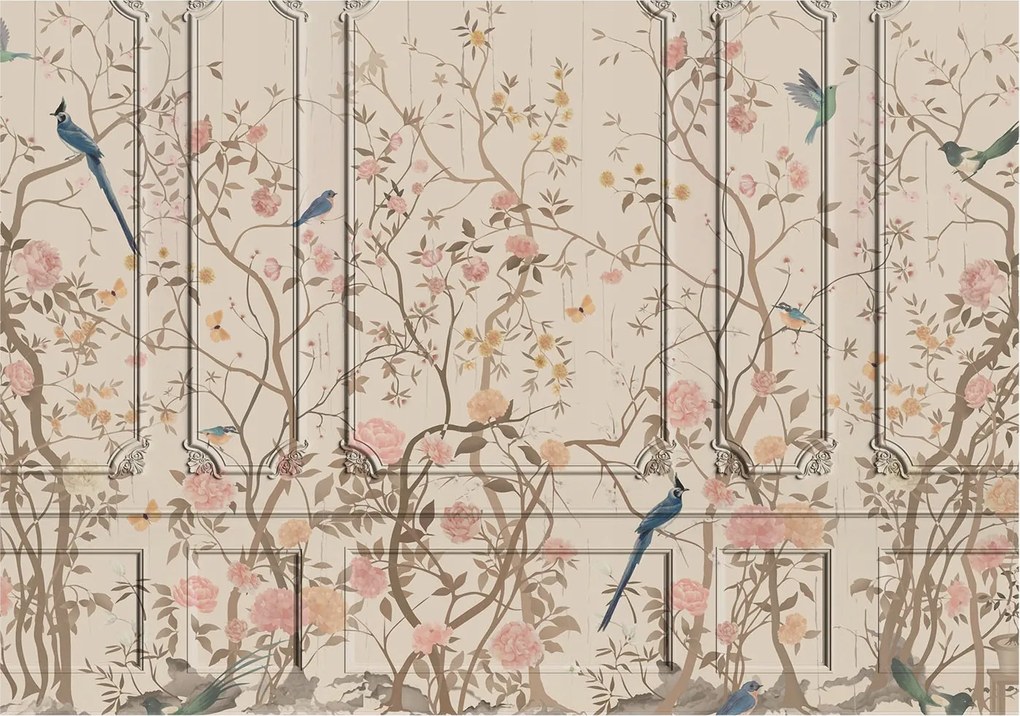 Flizelin tapéta Divatos 3D fali ragasztó Madarak és virágok 208x146 Ragasztó