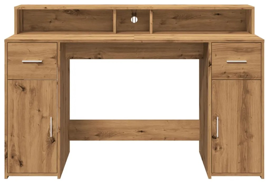 kézműves tölgy színű szerelt fa LED-es íróasztal 140x55x91 cm