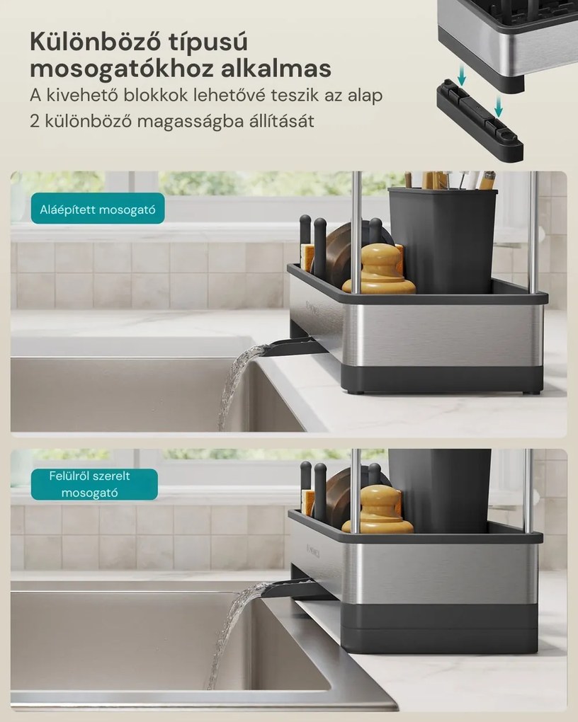 SINK mosogató rendszerező csepegtetővel, ezüst/fekete SongmicsHome