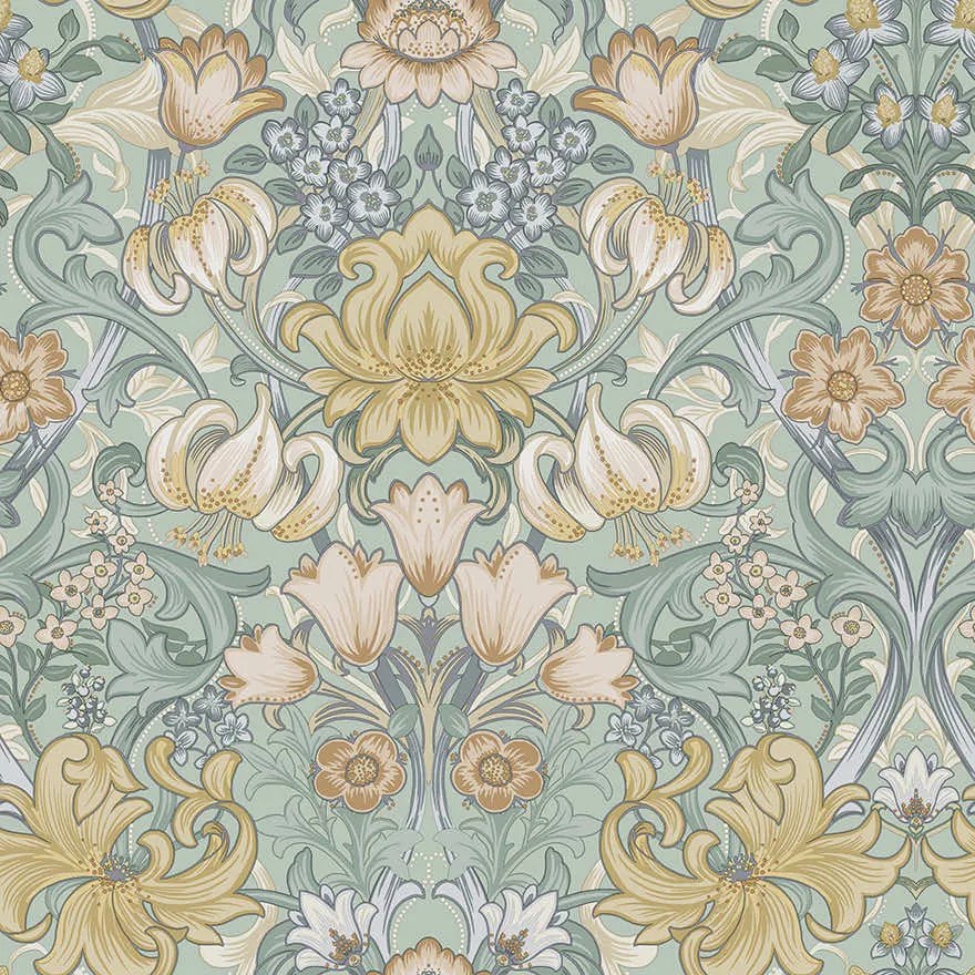 Holden Decor Tales of the Manor Fleurmont bézs-kék damaszt mintás vlies tapéta – 91904