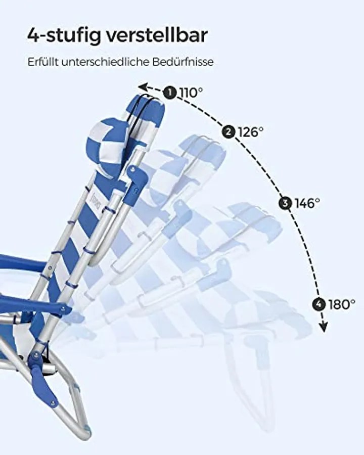 Strandszék, összecsukható , hordozható kültéri szék, állítható háttámlával, kék és fehér