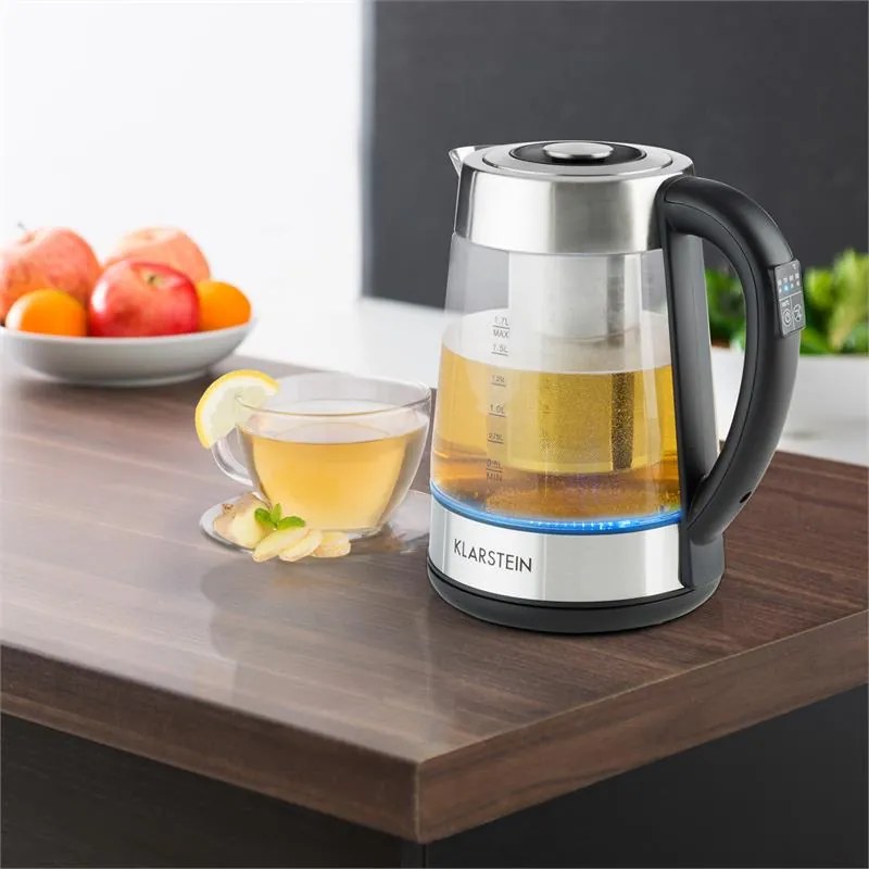 Klarstein Ostfriese, vízforraló és teafőző 2 az 1-ben, 1,7 L, 2200 W, LED, rozsdamentes acél, üveg