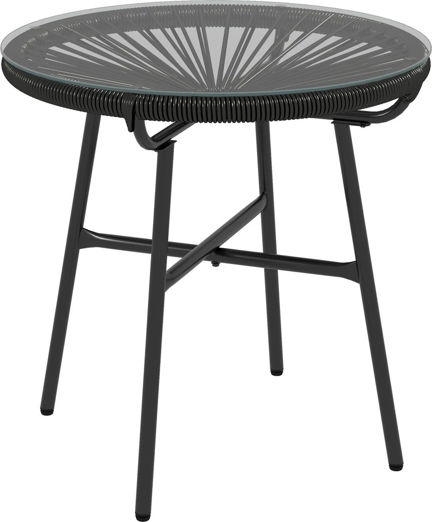 Outsunny Rattan Téglalap Asztal, Bistro Asztal, Üveg Asztallapú Kávézó Asztal, Kör Minta Kerti Asztal, Teraszhoz, Erkélyhez, Fekete, 50 x 50 x 50 cm |