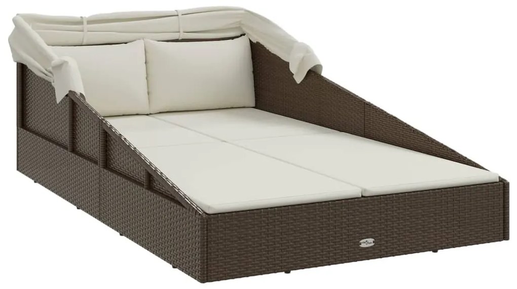 barna polyrattan napozóágy összecsukható tetővel 200x114x128 cm