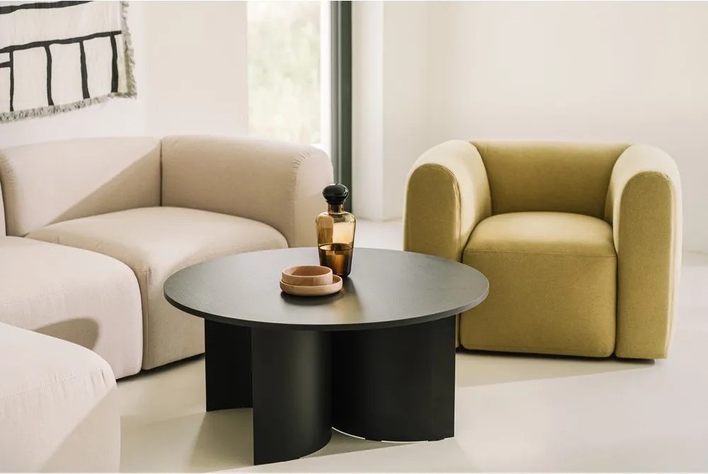 Fekete kerek dohányzóasztal kőrisfa dekoros asztallappal ø 95 cm Gavo – noo.ma