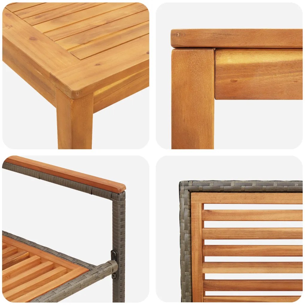 3 részes Kerti Étkező Garnitúra Szürke Poly Rattan Akác, Egymásra Rakható Kerti Székek Párnákkal 2 db Szürke Poly Rattan