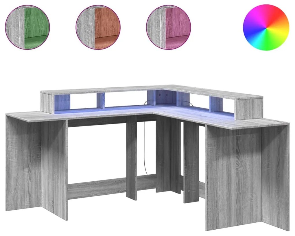 szürke sonoma színű szerelt fa LED-es íróasztal 152x152x91 cm