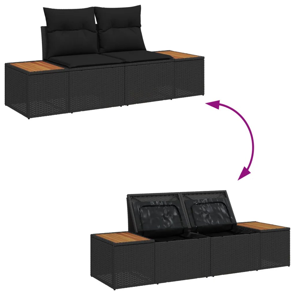 3 részes kerti kanapé szett párnákkal Fekete Poli rattan Akácia