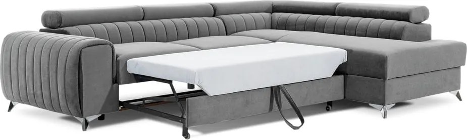 Szürke bársony kinyitható-tárolóhelyes sarokkanapé (jobb oldali-L alakú) Laurence – ELTAP