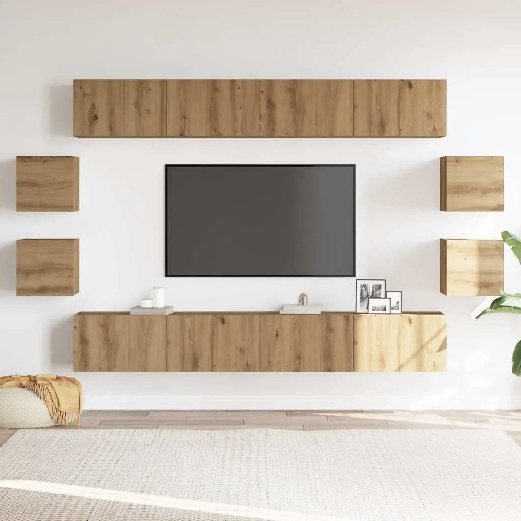 8 részes kézműves tölgy színű szerelt fa fali TV-szekrényszett