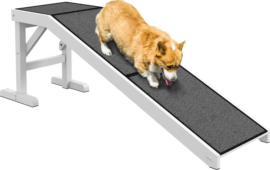 PawHut Fából készült Kutya Lépcső Pet Ramp csúszásmentes Szőnyeggel Kicsi, Közepes és Nagy Kutyáknak 152x40x50 cm Fehér és Szürke | Aosom