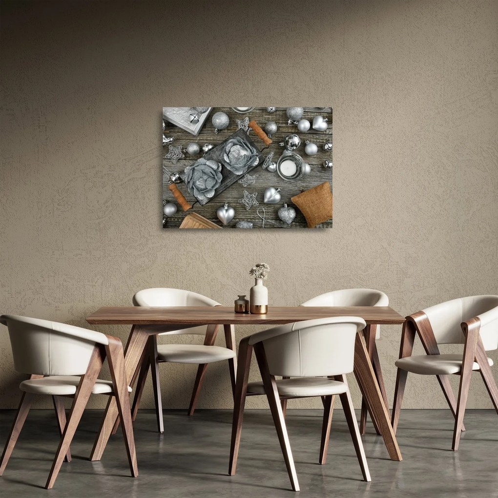 Kép - ezüst karácsonyi dekoráció (üvegen) (70x50 cm)